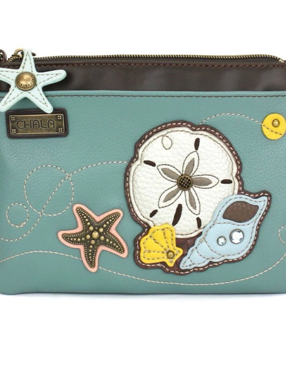 Chala Sea-Life Appliqué Wristlet - Teal, Brown & Accent Colors New With Tags